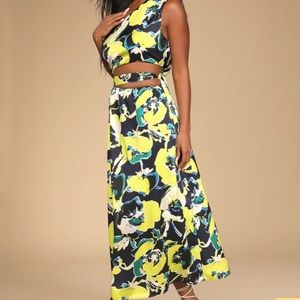 Key West Crush Black Multi Floral Print Asymmetrical Midi Dress, Lulu’s, XS, NWT